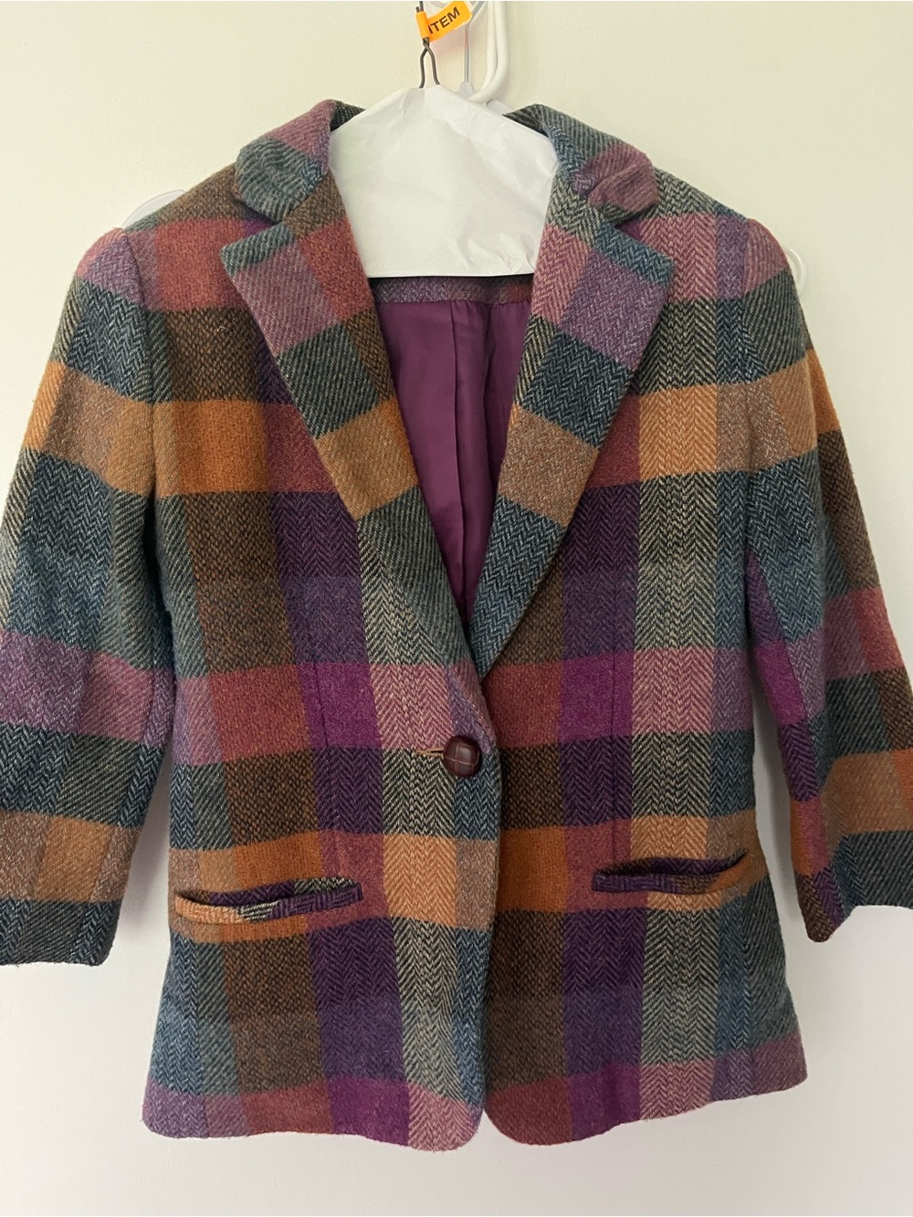 Cabi Womens Multicolor Plaid Wool-Blend Blazer Jacket - Purple & Tan 0 - Picture 1 of 3